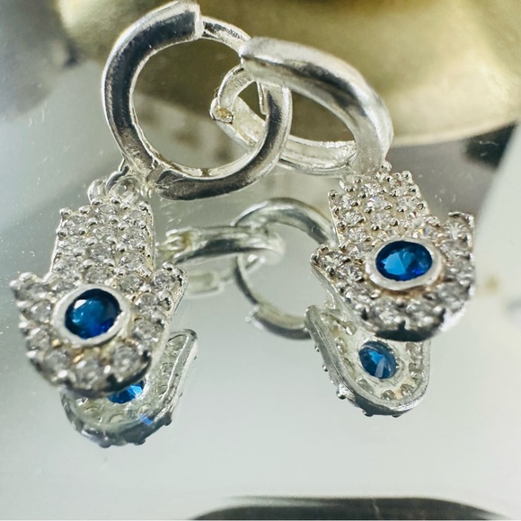 Elegant Silver Hamsa Earrings with Blue Zircon Accents - Picture 6 of 10